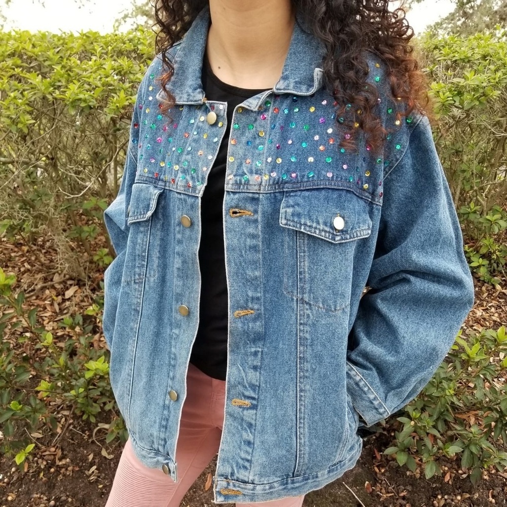 Club Q Rainbow Sequin Denim Jacket